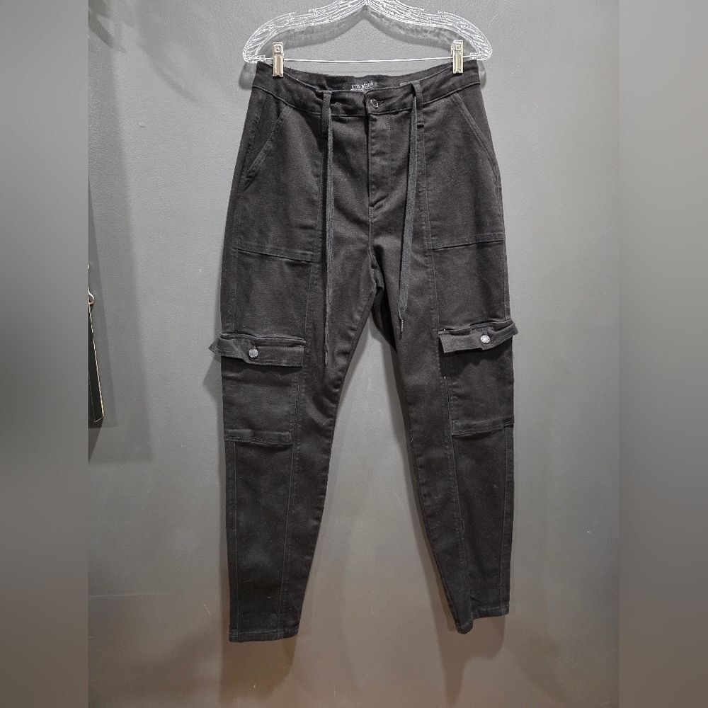 Judy Blue Black Cargo Jogger Jean Front Seam Drawstring Button 6 Pocket 11/30